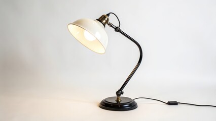 Vintage Desk Lamp, White Shade, Black Base, Object on White Background
