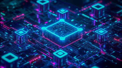 A futuristic blockchain network visualized as a neon-blue circuit city, symbolizing decentralization, data security, and digital finance. Glowing cyberpunk microchips form a high-tech digital