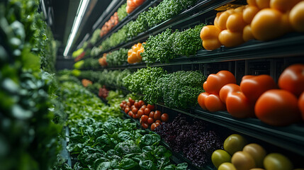 Vibrant display of fresh vegetables and greens in a grocery store aisle, showcasing healthy options