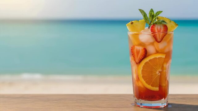Tropical fruit cocktail with strawberry, orange, pineapple and mint against turquoise ocean background. Summer refreshing drink for beach vacation, party or resort menu.