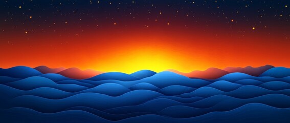 An abstract scene with flowing waves of blue and orange, creating a calm yet lively atmosphere, enriched by soft gradients and sparkles for added visual charm