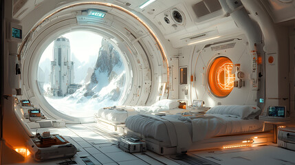 Futuristic sleeping quarters in a space station overlooking a snowy mountain landscape