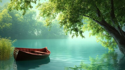 Serene Rowboat Docked Beside Tranquil Misty Lake