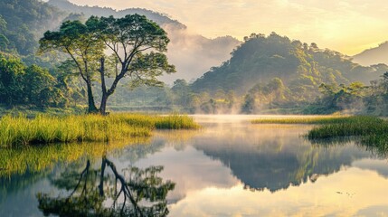 Obraz premium Tranquil Waterway Reflecting Natural Beauty at Golden Hour