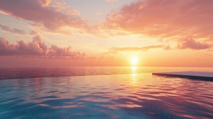 Naklejka premium Of a Modern infinity pool seamlessly blending with the ocean horizon under a vibrant sunset