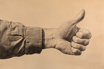 realistic pencil sketch showing a hand giving a thumbs up in a vintage artistic style