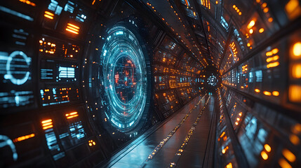 Futuristic corridor with glowing panels and a circular interface, showcasing advanced technology