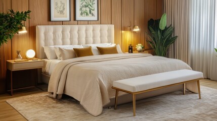 A cozy yet luxurious villa bedroom in a soothing beige and gold color palette