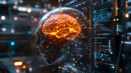 Futuristic digital brain interface showcasing neural activity in a tech-inspired environment