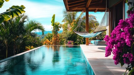 Of a Secluded private villa pool with infinity edges, tropical flowers, and a relaxing hammock nearby