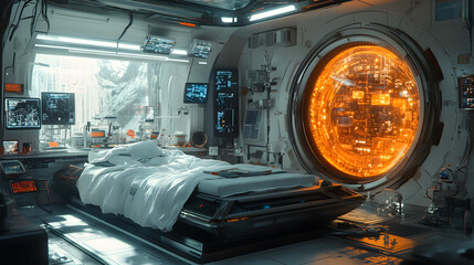 Futuristic bedroom with advanced technology, glowing circular window, and serene ambiance
