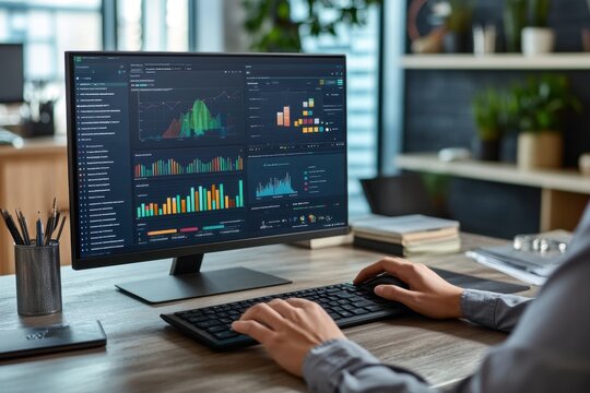 Close-up of hands working on a computer in an office, with a desktop monitor and keyboard, documents, and a digital marketing concept Generative AI