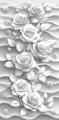 Two stylish white roses with fine petals, intertwined with flowing, wavy textures in a monochromatic pattern, exuding a sense of peace and refinement