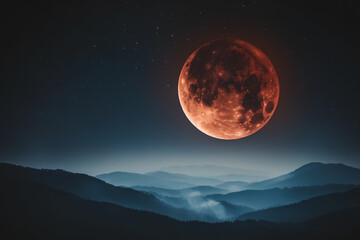 A stunning image of a Super Blood Moon eclipse in the night sky, with the full moon glowing in a deep blood-red hue
