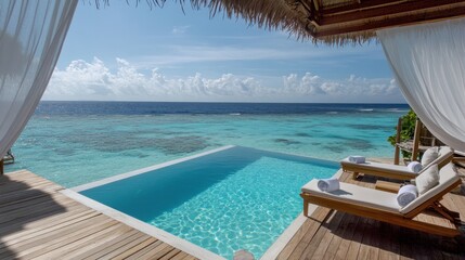 Obraz premium Of a Private pool at an exclusive beach resort, overlooking the sea with wooden lounge chairs and white curtains