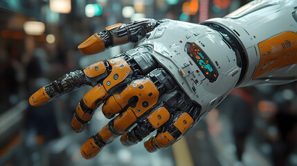A futuristic robotic hand reaching out in a bustling urban environment, showcasing advanced technology