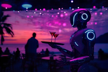 A futuristic robot serves cocktails on a tray in a lively lounge adorned with colorful lights. The beach sunset adds a stunning backdrop, creating an inviting atmosphere.