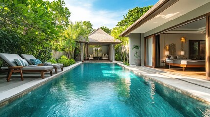 Fototapeta premium Of a Private poolside villa with tropical greenery, a sunbed, and a refreshing turquoise swimming pool