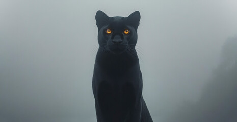 A black panther with yellow eyes stands in the fog, its body fully visible against a gray background. The cat's gaze and silhouette create an atmosphere of mystery and intrigue.
