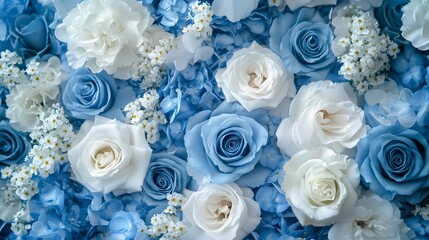 Combination of blue and white roses covering the frame, soft and luxurious