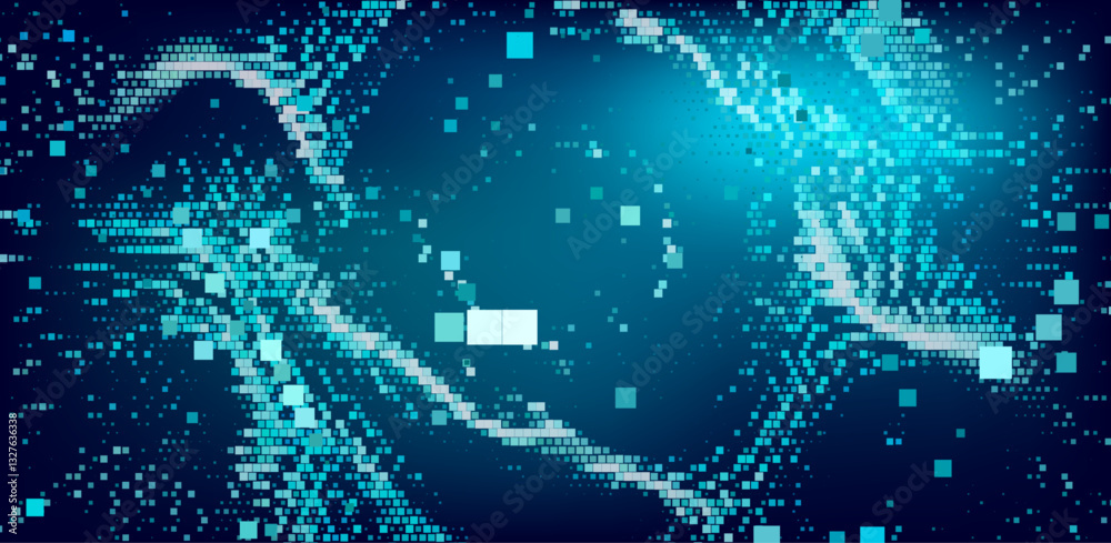 Fototapete Digital vector illustration of grid of blue squares on a dark background. Arrangement of squares creates a dynamic, flowing pattern that resembles data or pixels in a modern, tech-inspired design.