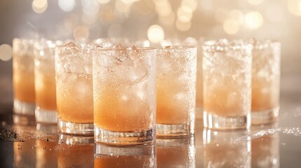 Of a Refreshing iced cocktail lineup with condensation-covered glasses, served on a reflective bar surface with tropical backlighting