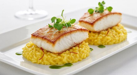 Pan-Seared Halibut with saffron risotto and microgreens for seafood restaurant menus, cookbook illustrations, culinary blogs, and fine dining advertisements