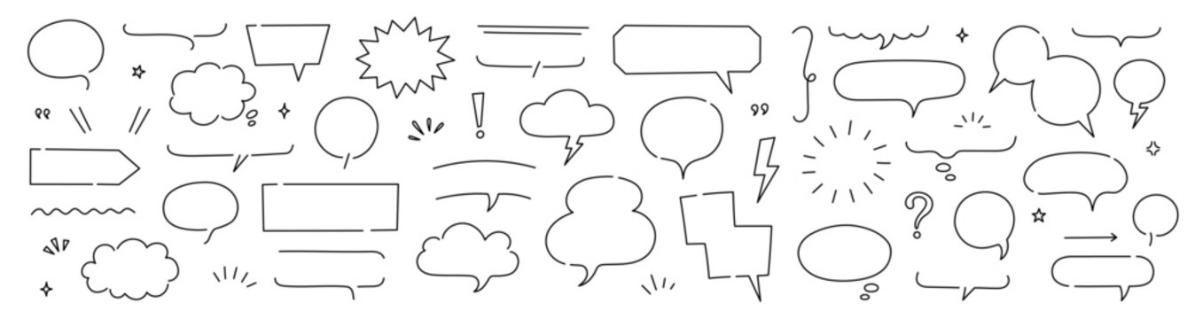 Line frame text speech bubble set. Line balloon frame design talk speech bubble frame. Comic japan style design conversation text dialog balloon, simple doodle thinking cloud. Vector illustration