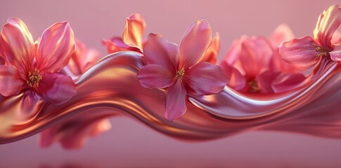 An elegant digital artwork with fluid, wavy floral designs in soft orange and pink shades, creating a serene atmosphere. The flowing lines convey a sense of movement and peace