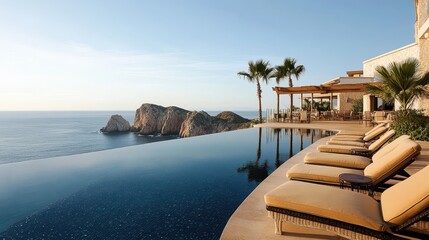 Fototapeta premium Of a Scenic infinity pool on a cliffside resort, offering breathtaking ocean views under a clear sky