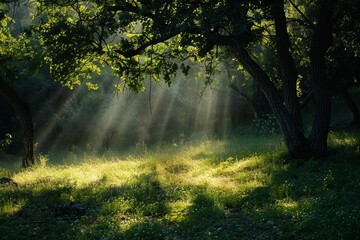 Obraz premium Sunlight streams through the canopy of a forest, creating a dappled pattern of light and shadow on the green grass below, Dappled sunlight creating a play of light and shadow