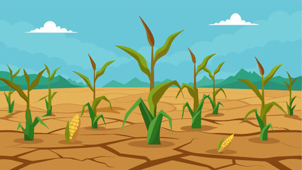 The once lush and green field now lay barren with nothing but a few parched corn cobs to show for the failed harvest.. Vector illustration