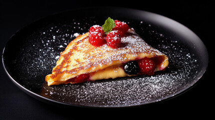 A tempting stack of homemade pancakes topped with fresh, juicy berries and a light dusting of powdered sugar, elegantly arranged on a sleek black plate.