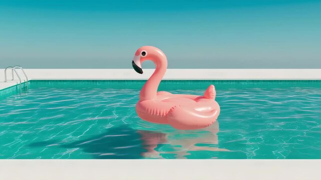 Pink flamingo float in turquoise swimming pool under clear blue sky. Summer vacation concept, tropical resort relaxation. Inflatable pool toy for beach party.
