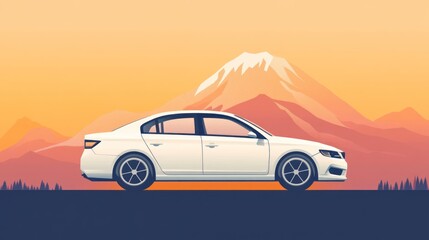 Fototapeta premium Modern Sedan Against a Majestic Mountain Sunset Landscape