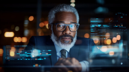 Focused African American businessman in glasses analyzing futuristic data on transparent screen, corporate technology concept
