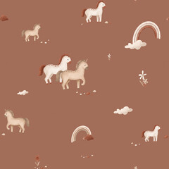 Seamless pattern with cartoon animals and rainbow for children's design. Hand drawn wallpapers of illustration of cute horse or unicorn on isolated background. Flowers and stones and clouds.