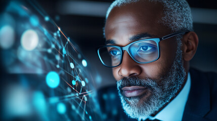 A man in a suit observing futuristic technology with a digital network interface glowing in front of him

