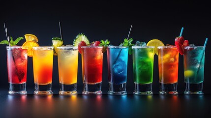 Of a Vibrant rainbow cocktail collection arranged in a row, with each drink showcasing a different bold color and garnish