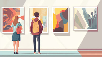 Exhibition at art gallery, woman man people in museum vector illustration. Culture painting picture, visitor look flat modern artwork. Cartoon contemporary exhibit exposition at public interior.