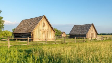 Charming Rustic Cabins at Sunset by the Lakeside