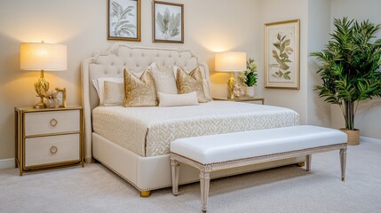 A light and airy villa bedroom with a calming beige and gold palette