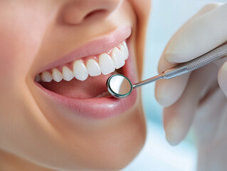 Fototapeta premium Dentist checks teeth of patient with dental mirror in clinic, healthy smile