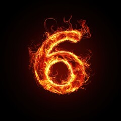 Number 6 burning with swirling fire tendrils, glowing red-hot, isolated on a deep black background