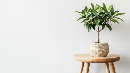 Potted plant with green leaves displayed on a wooden table