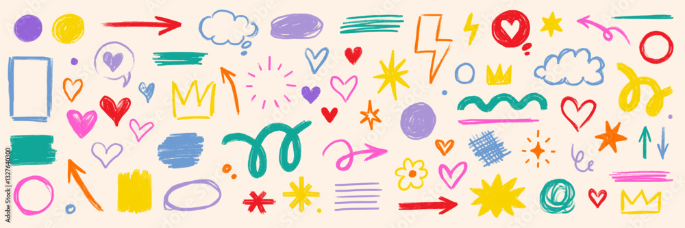 Aufkleber Pencil brush shape line element set. Hand drawn sketch doodle crayon kid chalk texture color element arrow,.heart, crown shape. Chalk pencil brush texture background. Vector illustration