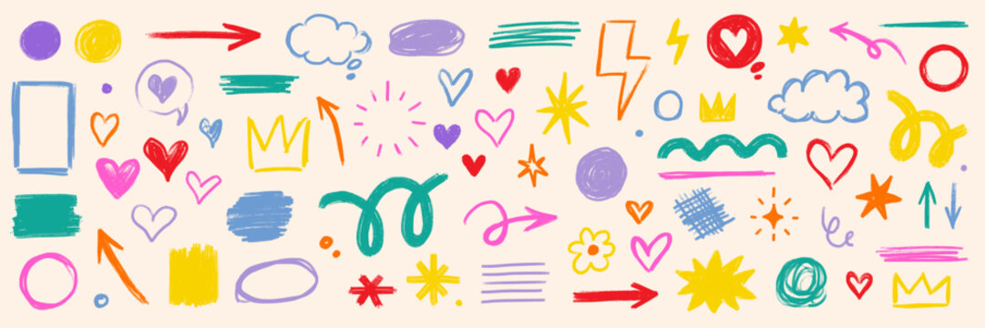 Pencil brush shape line element set. Hand drawn sketch doodle crayon kid chalk texture color element arrow,.heart, crown shape. Chalk pencil brush texture background. Vector illustration