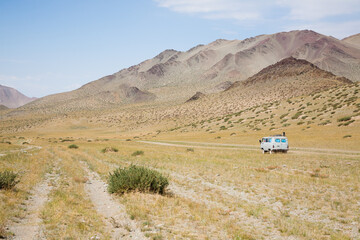 Distinctive Russian off-road vehicle in remote region of Mongolia.