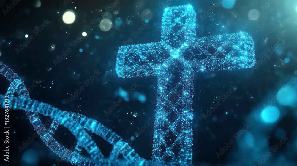 Poster a digital cross intertwined with dna strands, representing the intersection of faith and science in 