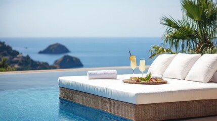Obraz premium Of a Stylish poolside daybed with soft white cushions, tropical drinks, and ocean views in the background